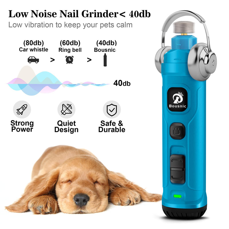 Bousnic Dog Claw Grinder with 2 LED Lights - Quiet, Powerful Electric Toenail Trimmer File with 2 Speeds for Small Medium Dogs and Cats Blue - PawsPlanet Australia