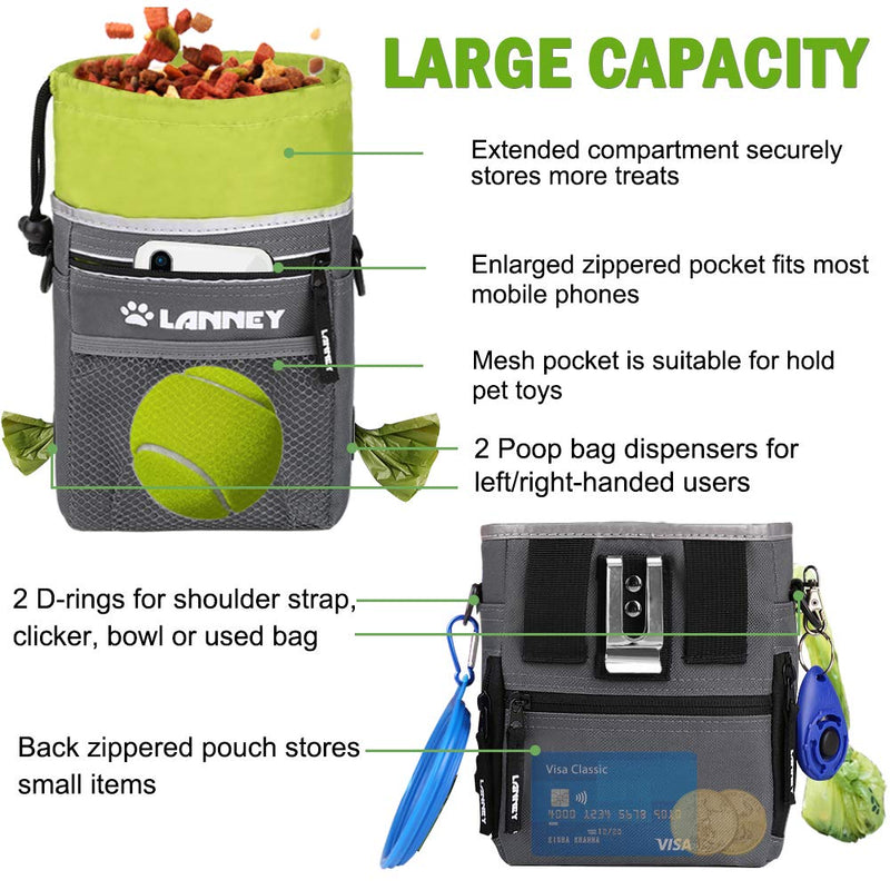 LANNEY Dog Treat Pouch Pet Training Bag for Small to Large Dogs, Treat Tote Carry Kibble Snacks Toys for Training Reward Walking, Metal Clip, Waist Belt, Shoulder Strap, Poop Bag Dispenser Only Pouch (Gray with Green) - PawsPlanet Australia