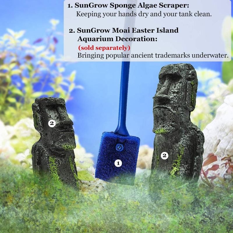 Aquarium Sponge Scraper, 16” Long, Double-Sided Blue Sponge, Freshwater & Saltwater Fish Tank Maintenance, Plastic Handle for Glass Surfaces Only - PawsPlanet Australia