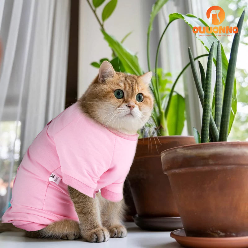 oUUoNNo Cat Recovery Suit for Abdominal Wounds or Skin Diseases E-Collar Alternative for Cats Post Surgery Pajama Suit Long Sleeve (XS, Pink) XS - PawsPlanet Australia