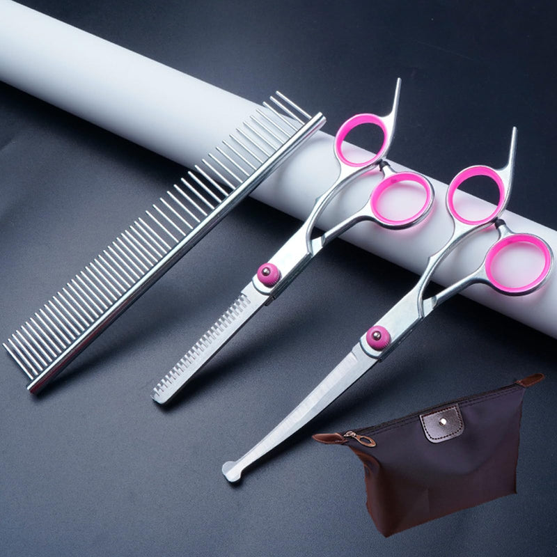 DKDDSSS Pack of 4 dog scissors, dog grooming scissors with round safety tip, professional hair scissors set, grooming comb, thinning scissors, curved scissors, for grooming dogs, cats, pets - PawsPlanet Australia