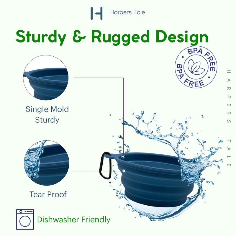 Harpers Tale Two pack Collapsible Travel Dog Bowl -1000ml Blue and 400ml Green with Carabiner Clip Integrated Molding Food Safe Silicone Lightweight Leak-Proof No Plastic Rim - PawsPlanet Australia