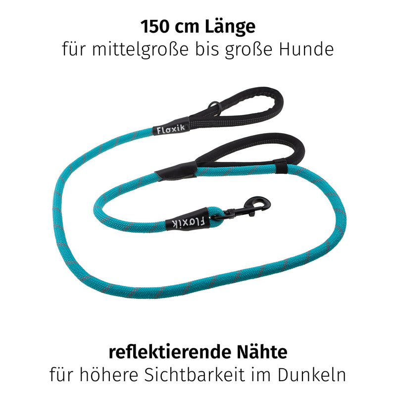 Floxik rope leash for dogs turquoise | Innovative 1.5m dog leash with two handles and reflective seams for medium & large dogs | Weather-resistant & resilient climbing rope material - PawsPlanet Australia
