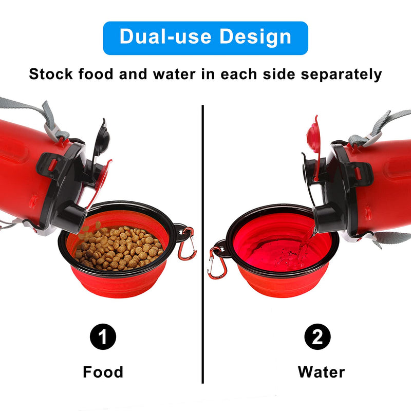 MATT SAGA Portable Dog Water Bottle and Food Container for Travel 2-in-1 Dual Chamber Bottle with 2 Collapsible Bowls Dogs Cats Feeder Water Food Bottle Outdoor Travel (Red) Red - PawsPlanet Australia