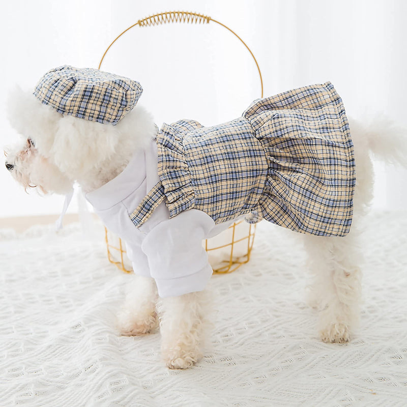 Dog Dresses for Small Dogs, Puppy Dog Princess Dress 2 Pieces Cute Pet Plaid Skirt with Hat Party Apparel Outfit Pink+Blue - PawsPlanet Australia