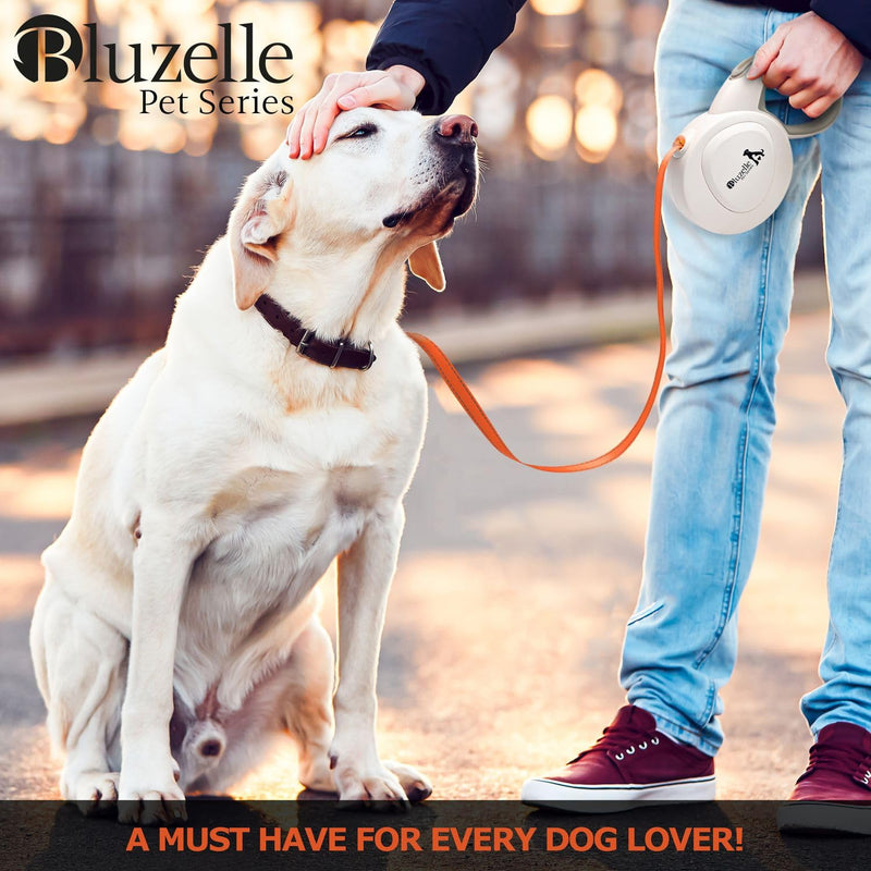 bluzelle 8m long dog leash for dogs up to 50kg, flexible retractable leash, neon orange, bright reflector strap with 360° metal carabiner hook, ergonomic handle, gray rubberized & retraction brake, white - PawsPlanet Australia