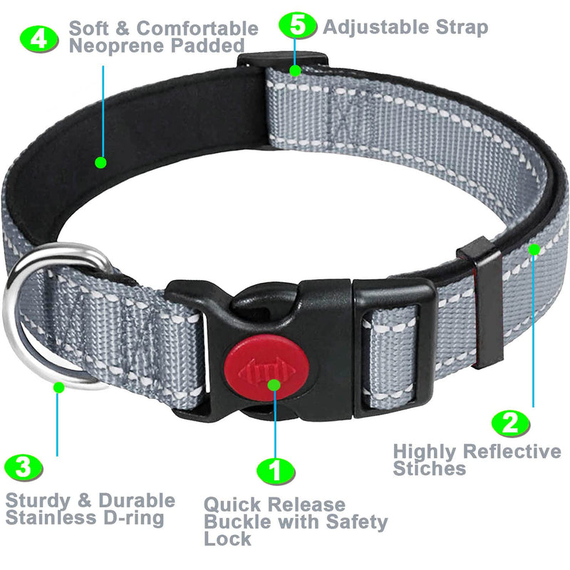 ATETEO Dog Collar, Reflective Adjustable Basic Dog Collar with Soft Neoprene Padding, Durable Nylon Pet Collars for Puppies Small Dogs Gray XS (Pack of 1) - PawsPlanet Australia