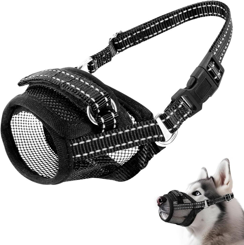 SlowTon Muzzle for Large Dogs, Breathable Soft Air Mesh Muzzle Dog, Adjustable Reflective Muzzles for Dogs with Connecting Strap Prevents Biting Chewing L Black - PawsPlanet Australia