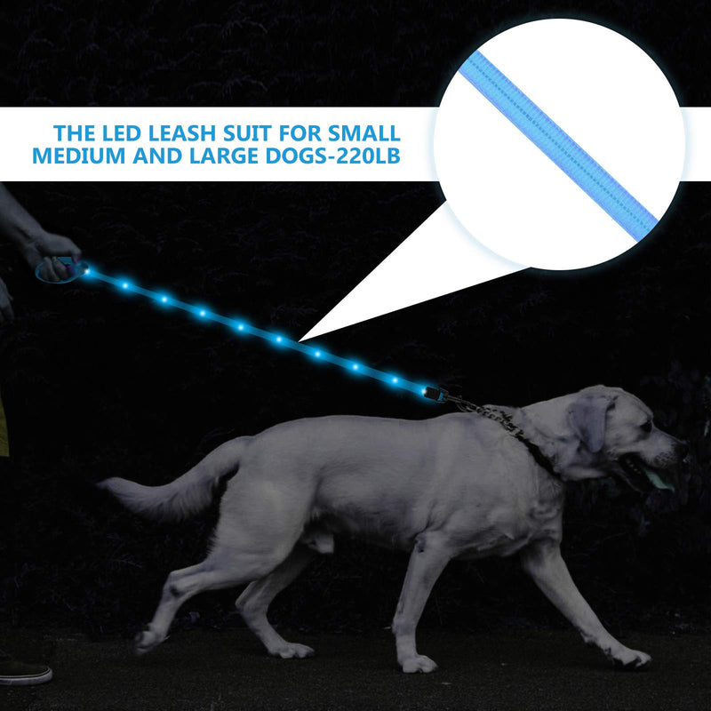 Dog Leash Light LED Reflective Light Up Leash With USB Rechargeable 120cm Pet Led Leash Reflective Night Safety Led Dog Leash Strip Waterproof Threads for Small Medium & Large Dogs Blue - PawsPlanet Australia