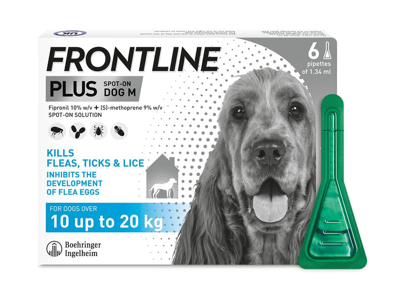 FRONTLINE Plus Flea & Tick Treatment for Medium Dogs (10-20 kg) - 6 Pipettes & HomeGard Flea & Tick Household Spray - 500 ml Plus + HomeGard Household Spray - PawsPlanet Australia