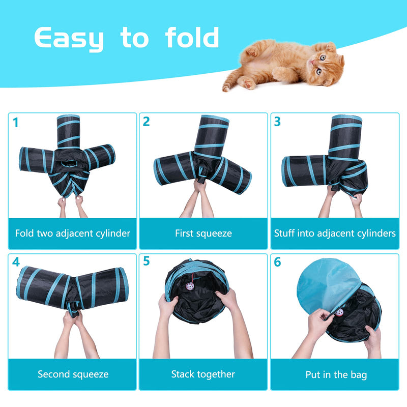 Sheldamy Cat Tunnel, 5-Way Collapsible Cat Tunnel with Peek Hole and Play Ball, Cat Tunnels for Indoor Cats, Puppy, Kitty, Kitten, Rabbit Black & Blue - PawsPlanet Australia