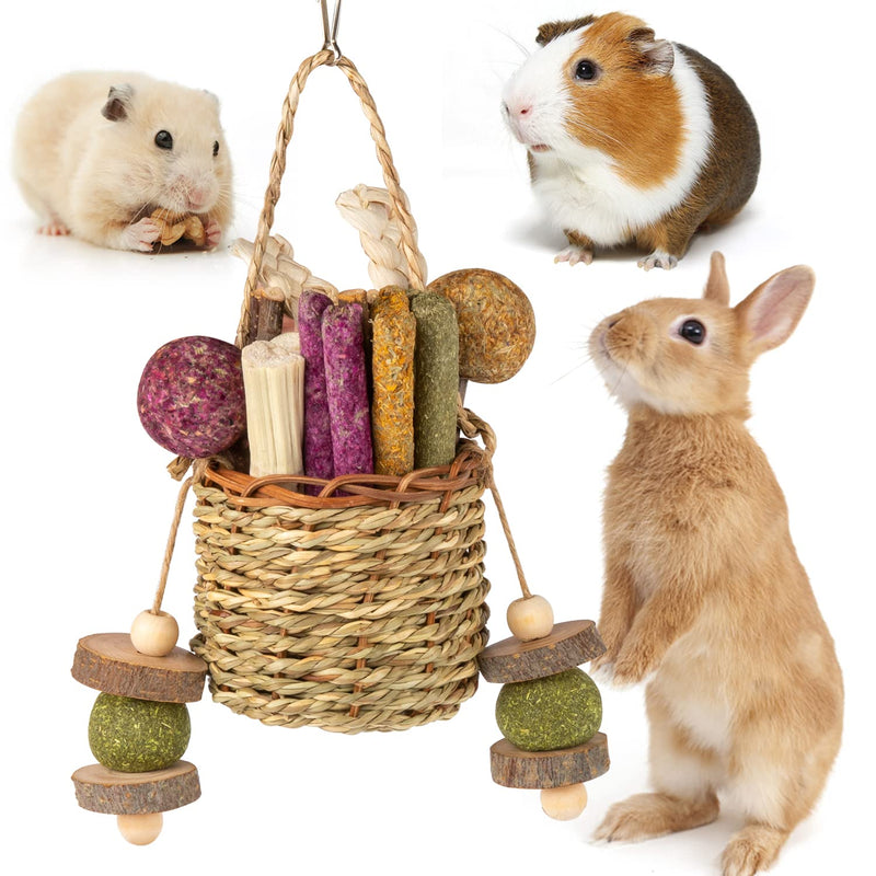 Sofier Rabbit Toys Bunny Toys Hamster Toys Guinea Pig Toys Natural Seagrass Hanging Basket with Timothy Hay Treats Apple Wood Stick Handmade Rabbit Chew Toys for Teeth Chinchilla Rat - PawsPlanet Australia