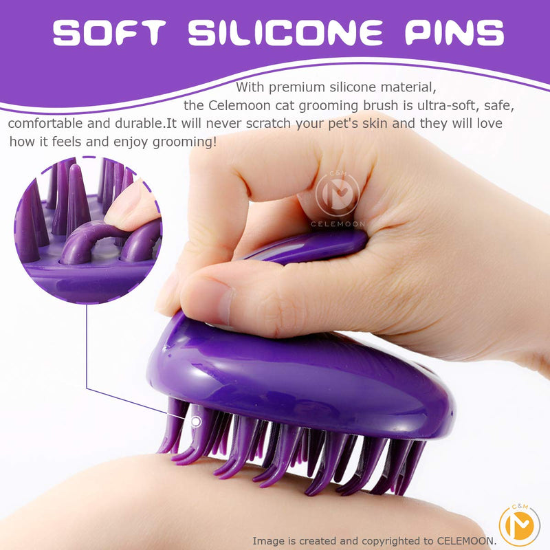 [Soft Silicone Pins] CeleMoon Ultra-Soft Silicone Washable Cat Grooming Shedding Massage / Bath Brush - Safe & No Scratching any more - Purple - PawsPlanet Australia