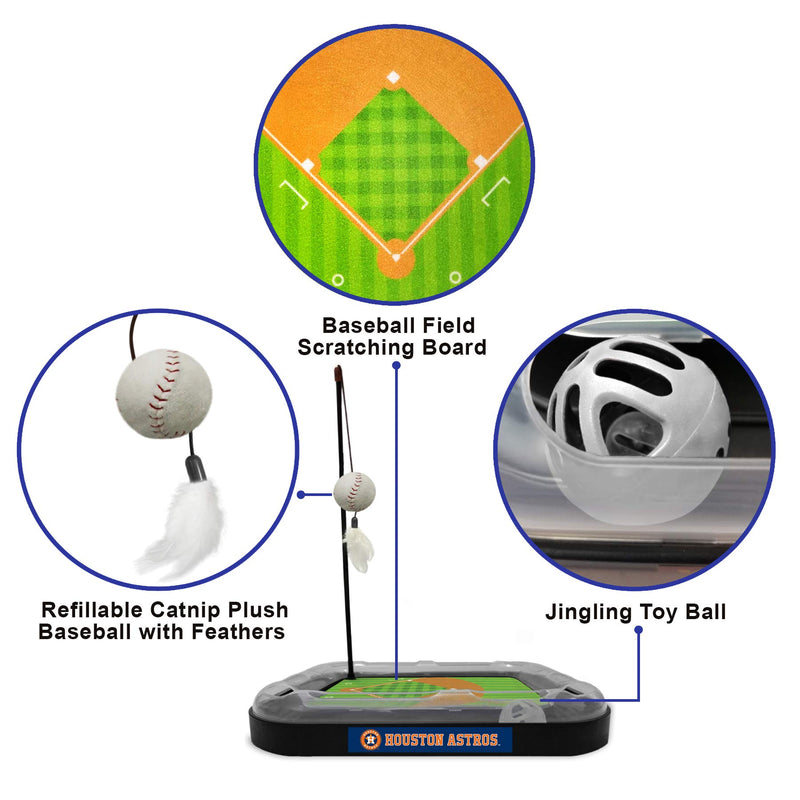 Pets First Cat Scratching Toy MLB Houston Astros Baseball Field Cat Scratcher Toy with Interactive Cat Ball Bell in Tracks. 5-in-1 CAT Toy: Cat Wand Poll with Catnip Filled Plush Baseball & Feathers. 14 x 11" - PawsPlanet Australia