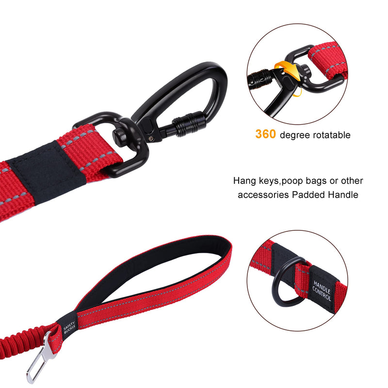 3-in-1 Strong Bungee Dog Lead, 3.6-4.9 FT No Pull Shock Absorbing Pet Long Leash with Car Seat Belt Safety Buckle, Elastic Dog Lead with Comfortable Padded Handle and Reflective Sewing (Red) Red - PawsPlanet Australia