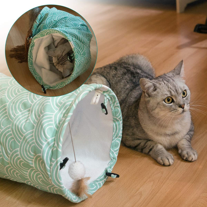 Navaris Cat Tunnel Toy - Indoor and Outdoor Hideout Tube with Ball Toy - Pet Play Tunnel for Cats, Kittens, Rabbits with Soft Fleece and Print Design Turquoise - PawsPlanet Australia