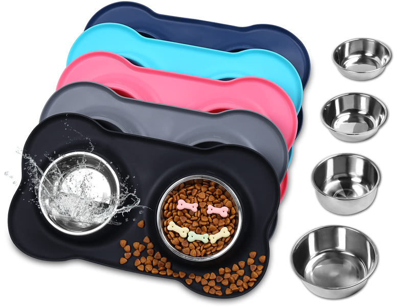VIVAGLORY Small Dog Bowls Stainless Steel Cat Puppy Water and Food Bowl with Non-Spill Skid Resistant Silicone Mat, 200ml Each, Black S (for Puppies) - PawsPlanet Australia
