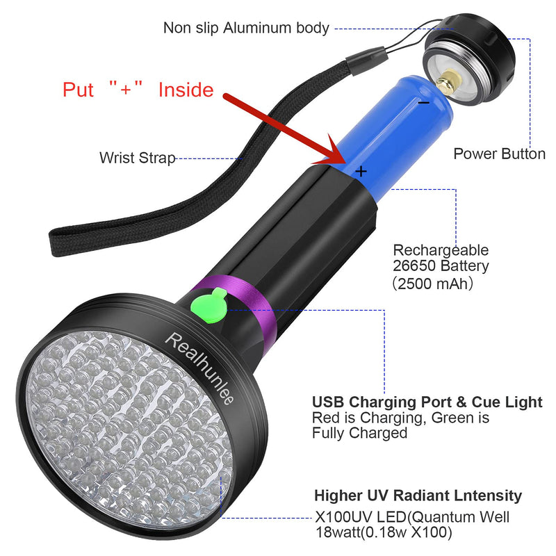 UV Black Light Flashlight Rechargeable 26650 Powerful 100 LED Pet Dog Cat Urine Detector light UV Blacklight Flashlight for Dried Pet Urine Stains, Scorpions Bed Bugs (18 W) - PawsPlanet Australia