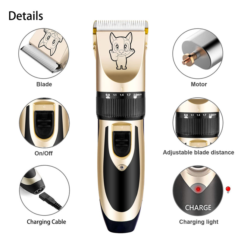 Dog Grooming Kit Clippers, Low Noise, Electric Quiet, Rechargeable, Cordless, Pet Hair Thick Coats Clippers Trimmers Set, Suitable for Dogs, Cats, and Other Pets Gold - PawsPlanet Australia