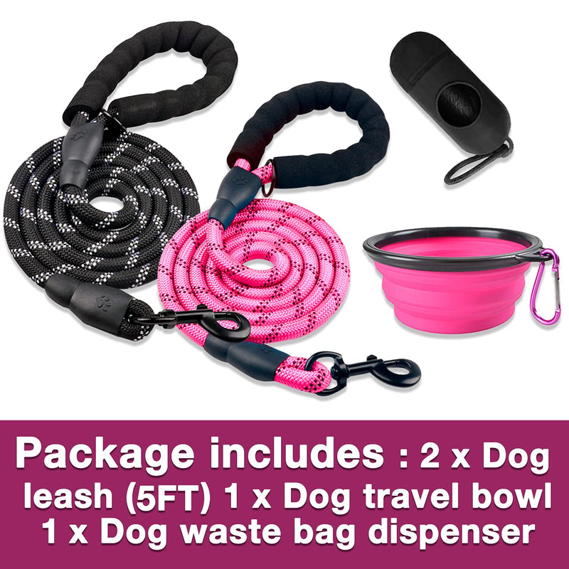 COOYOO 2 Pack Dog Leash 5 FT Heavy Duty - Comfortable Padded Handle - Reflective Dog Leash for Medium Large Dogs with Collapsible Pet Bowl 0.3in. x 5ft.(for dogs weight 0-18lbs.) Set 1-Black+Pink - PawsPlanet Australia