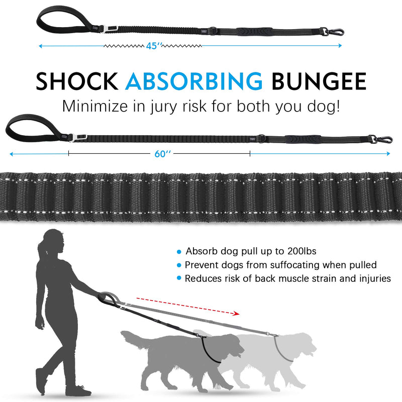 [Australia] - Dog Leash Traffic Padded Two Handles & Car Seat Belt, 4-5 FT Heavy Duty Reflective Leashes for Control Safety Training, Shock Absorbing Bungee Dog Leash for Small to Large Dogs Black 