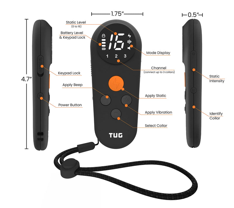 TUG Dog Training Collar with Rechargeable Remote | 3 Training Modes: Beep, Vibration, & Shock | Waterproof | E-Collar (Black) - PawsPlanet Australia