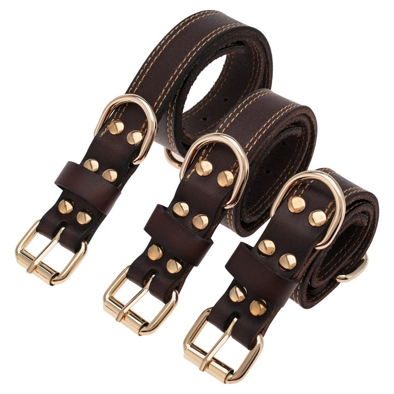 [Australia] - TREVANO Genuine Leather Dog Collar with Alloy Buckle and Double D Rings Large Brown 