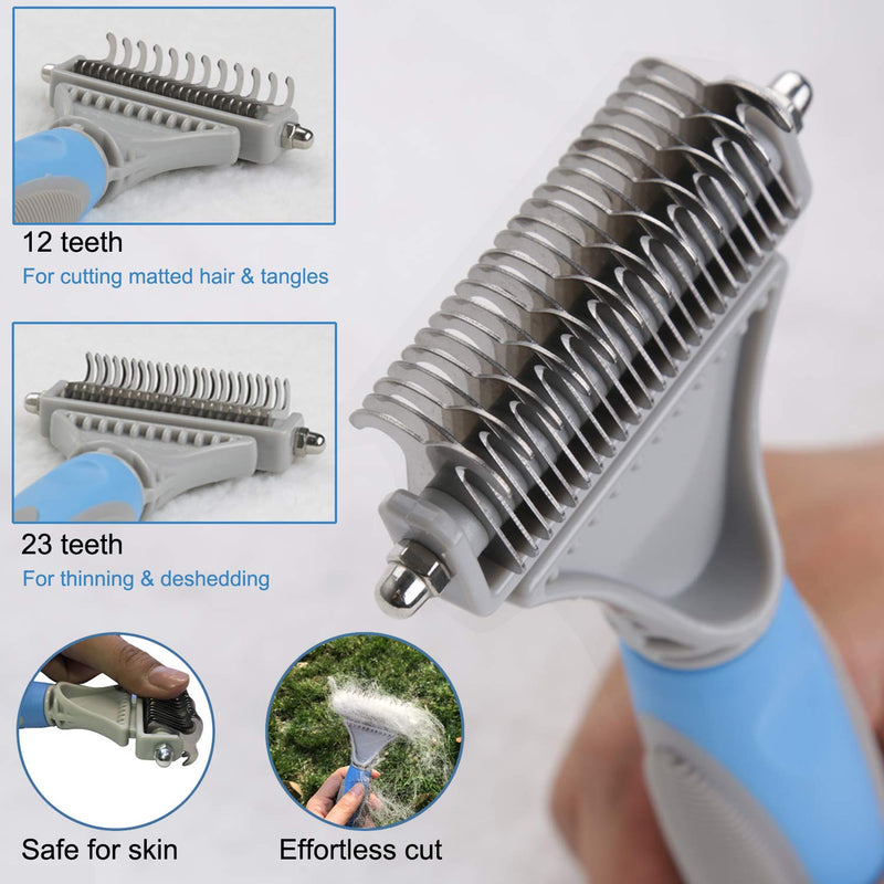 Pet Dematting Comb - 2 Sided Undercoat Rake for Cats & Dogs - Safe Grooming Tool for Easy Mats & Tangles Removing - Medium and Long Haired Cats Dogs Brush for Shedding Blue - PawsPlanet Australia