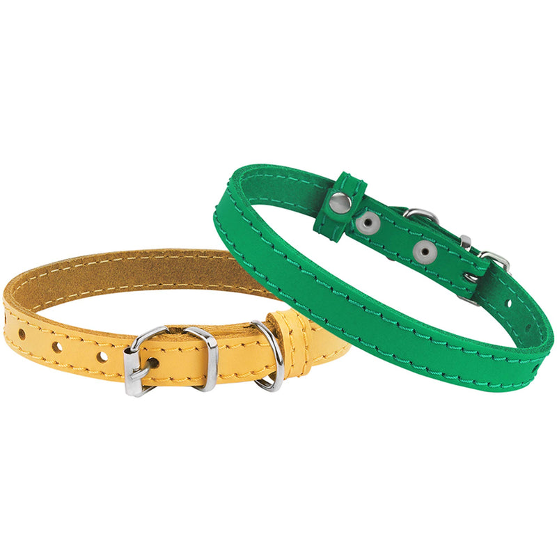 [Australia] - BRONZEDOG Leather Cat Collar Pack of 2 PCS, Pet Collars for Kitten Puppy Small Dogs Cats Yellow Green Pink Orange White Turquoise Neck Size 7'' - 10'' Green & Yellow 