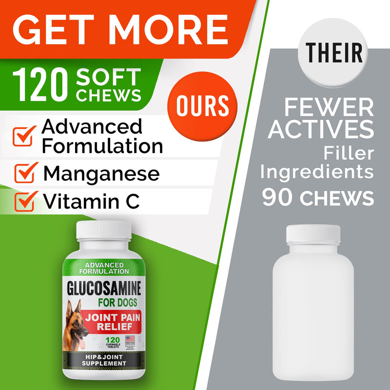 Glucosamine Tablets for Dogs - Joint Supplement w/ Omega-3 Fish Oil - Chondroitin, MSM - Advanced Mobility Chews - Joint Pain Relief - Hip & Joint Care - 120 Ct - Made in USA 120 Chewable Tablets - PawsPlanet Australia