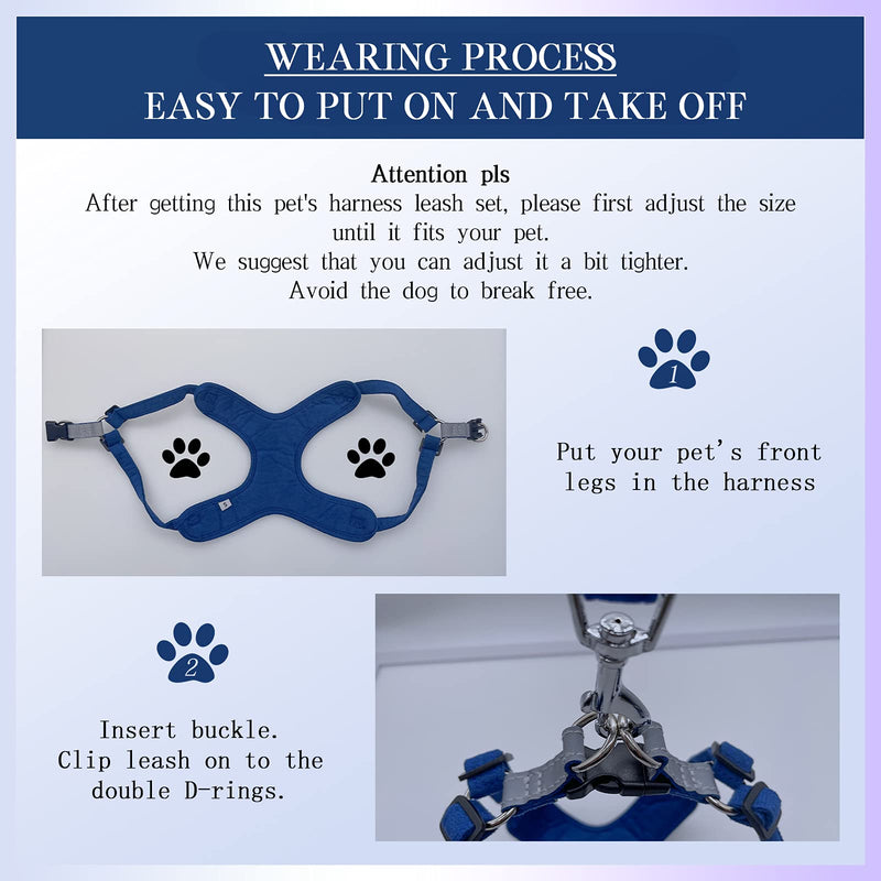 PETPUBGNZS No Pull Soft Suede Dog Harness and Leash Set Lightweight Adjustable Reflective Chest Harness for Puppy Small Medium Large Dogs Cats Big Dogs Vest Harness (Blue,XXS) XXS(Chest:12"-15".Neck:11"-12") blue - PawsPlanet Australia