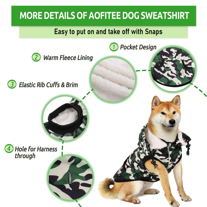 AOFITEE Fleece Dog Hoodie Coat Winter Warm Dog Jacket, Camouflage Print Pet Vest with Detachable Hood, Outdoor Windproof Cold Weather Dog Apparel Camo Padded Clothes for Small Medium Large Dogs Green Camouflage - PawsPlanet Australia