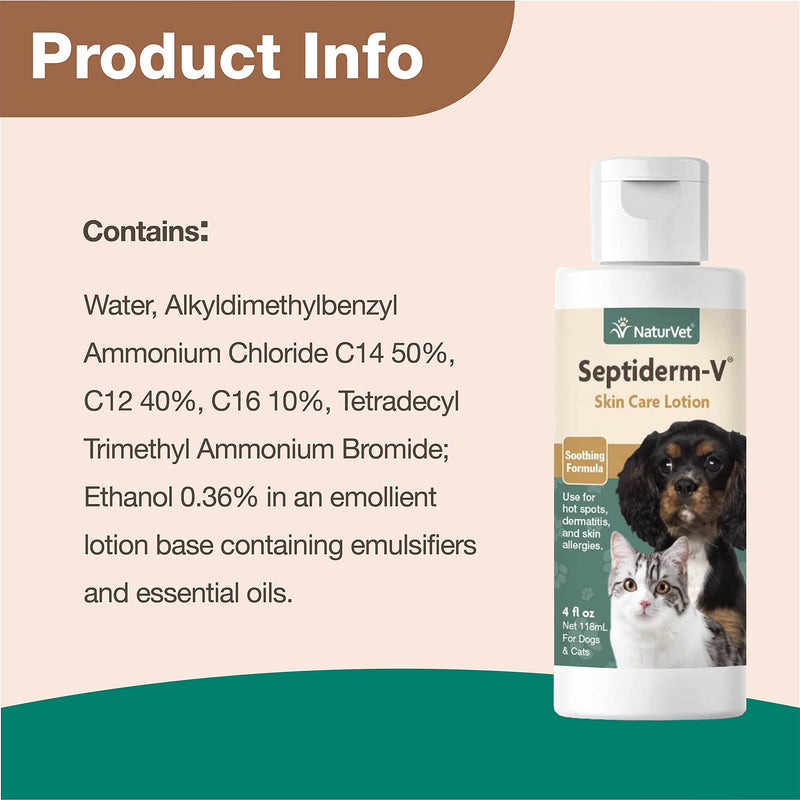 NaturVet Septiderm-V Skin Care Lotion for Dogs & Cats – Pet Health Supplement for Dermatitis, Dog Skin Allergies, Itching, Hot Spots, Cat Rashes – Pet Lotion, Grooming Aid – 4 Oz. - PawsPlanet Australia