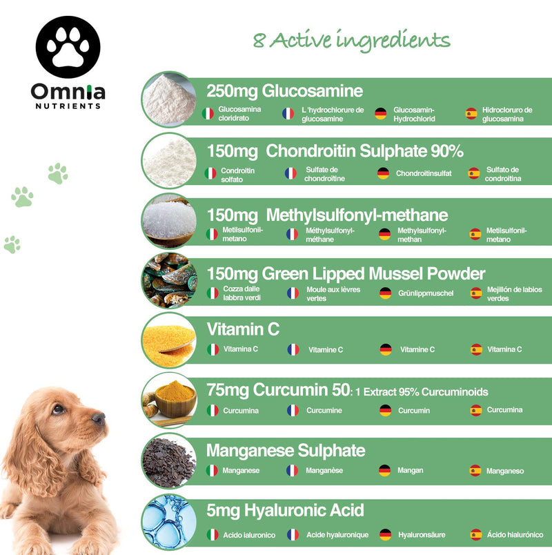 Omnia NUTRIENTS Dog Joint Care Supplements, Glucosamine for Dogs, Natural Chondroitin & Green Lipped Mussel, Joint aid for Dogs, 8 Active Ingredients, 60 Dog Supplements Tablet - PawsPlanet Australia