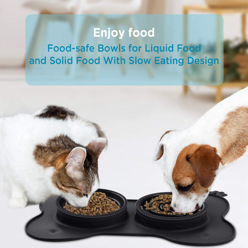 Hianjoo Slow Eating Dog Bowl, Double Pet Bowls with Pet Food Shovel Slow Feeder Cat Puppy Water and Food Bowl with Non-Spill Skid Resistant Silicone Mat for Cats Puppies - Black - PawsPlanet Australia