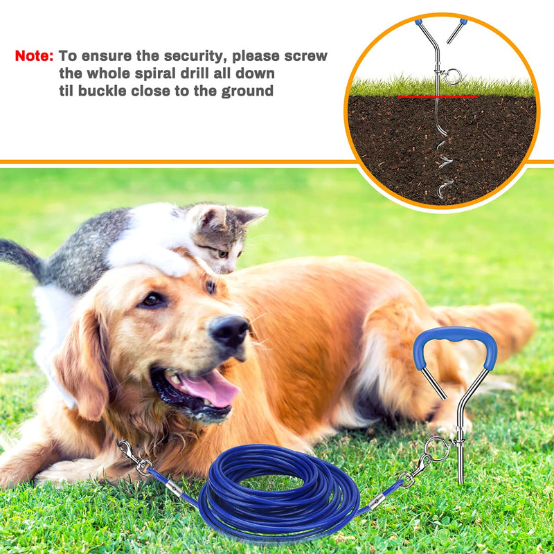 Yideng 32.8ft(10m) Dog Tie Out Cable with 17.7 in(45cm) Heavy Duty Spiral Ground Stake Spike, Extra Long Steel Dog Outdoor Tie Out Lead Leash for Dog Up to 130 lbs, with Carry Bag (Bule) Blue - PawsPlanet Australia
