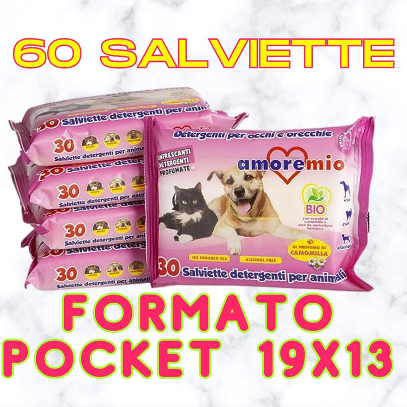 Generico Set of 60 Travel Tissues 19 x 13 cm for Dogs, Cats, Animals, Eyes and Ears, Disinfectant, Disinfectant, No Odor, Cleaning Paws, Fur Made in Italy (Eyes EYES AND EARS Chamomile - PawsPlanet Australia