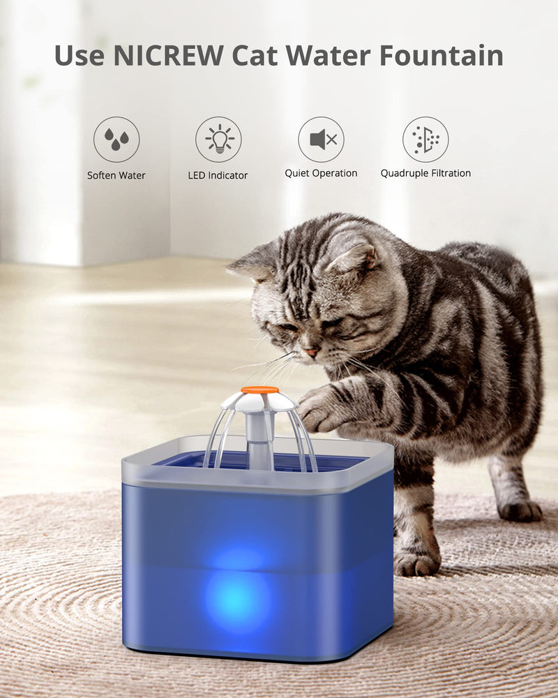 NICREW Pet Water Fountain, Cat Drinking Fountain with LED Light, Drinking Bowl for Cat and Small Dogs, Filter Included, Blue - PawsPlanet Australia