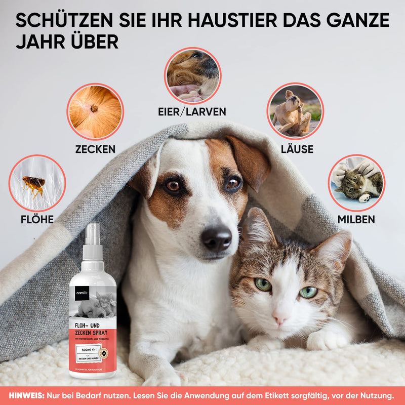Flea spray for dogs and cats - 500 ml flea and tick protection with peppermint and castor oil - flea treatment for dogs and cats - without insecticide - insect protection against lice, mites - for puppies and kittens - Animigo flea and tick spray - PawsPlanet Australia