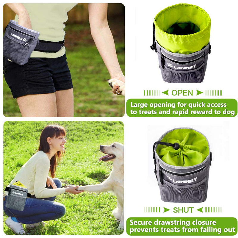 LANNEY Dog Treat Pouch Pet Training Bag for Small to Large Dogs, Treat Tote Carry Kibble Snacks Toys for Training Reward Walking, Metal Clip, Waist Belt, Shoulder Strap, Poop Bag Dispenser Only Pouch (Gray with Green) - PawsPlanet Australia