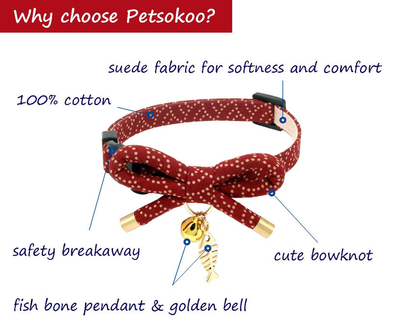 PetSoKoo Cute Bowtie Cat Collar with Bell. Japanese Stylish Bowknot & Fish Charm. Safety Breakaway, Soft, Lightweight, for Girl Boy Male Female Cats Kitten Small (6-9.5 Inches,16-24cm) Apple Red - PawsPlanet Australia