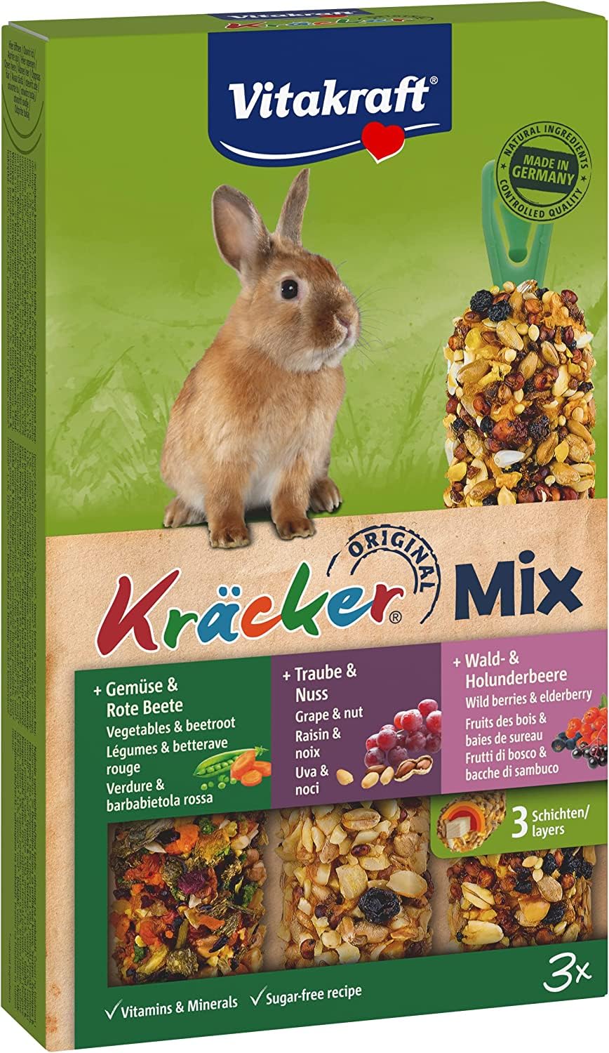 Vitakraft cracker mix, nibble sticks for dwarf rabbits, with vegetables and beetroot, with grapes and nuts, with wild and elderberries, support the abrasion of the growing teeth (1x 3 pieces) Vegetables, nuts, wild berries 3 pieces (pack of 1) - PawsPlanet Australia