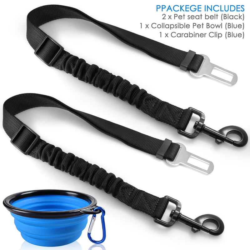 [Australia] - FineGood 2 Pcs Pet Dog Seat Belt with Collapsible Pet Bowl, Elastic Nylon Adjustable Safety Leads Vehicle Car Harness Seat Leash Tether for Cat Dog 