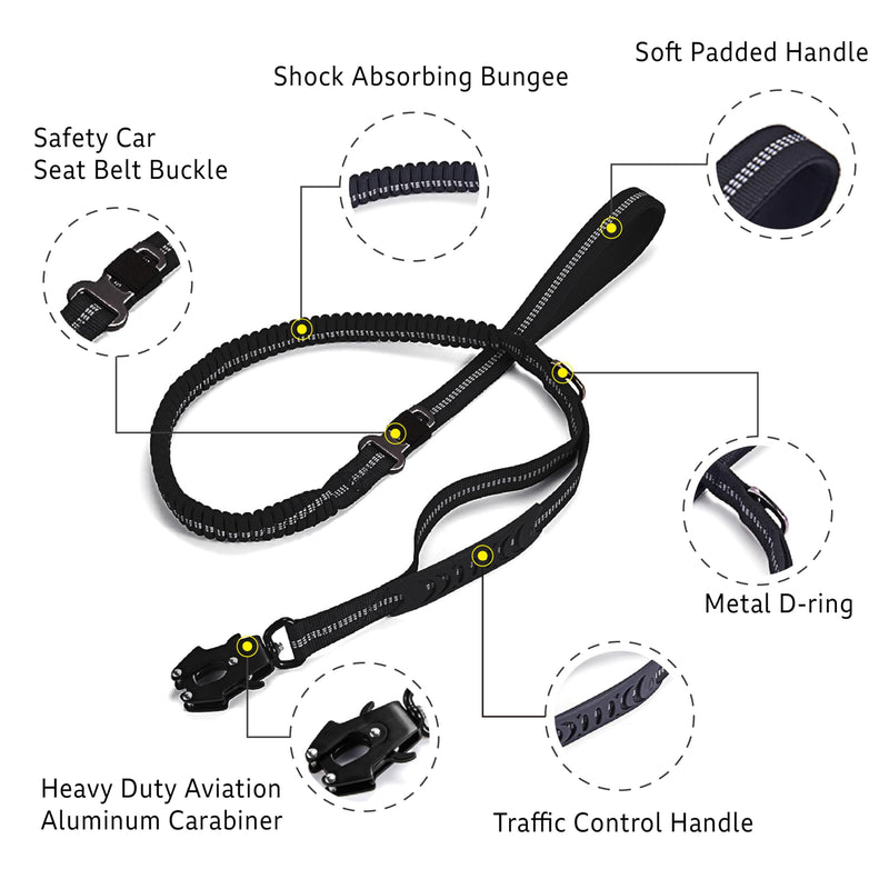 AIRUIDOG Heavy Duty Tactical Bungee Dog Leash, 4-6FT Shock Absorbing Tactical Dog Leash with 2 Padded Handles, Metal Carabiner Clip,Car Seatbelt, Reflective Dog Leash for Medium Large Dogs (Black) Black - PawsPlanet Australia