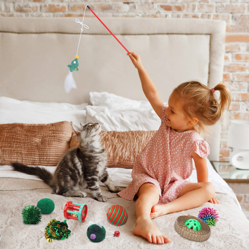 [Australia] - Sanlebi Christmas Cat Toys Stocking - 10 PCS Pet Cat Chasing Interactive Feather Cat Toys X-mas Gift Set for Kitten Kitty 