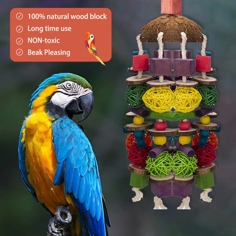 MQUPIN Large Bird Parrot Chewing Toy Strong Upgraded,Parakeet Cage Bite Toys 22 Inch Hanging Chewing Multicolored Natural Wooden Blocks Bird Chewing Toy for Large Parrot Birds African Grey Amazon… Larger-660g - PawsPlanet Australia