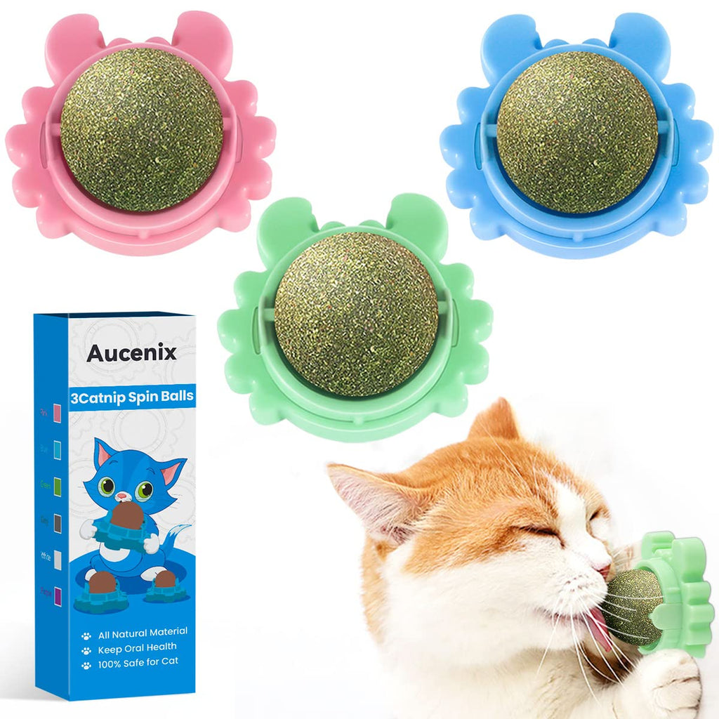 Aucenix Pack of 3 Catnip Balls Toys for Cats, Catnip Wall Roller for Cat Licking, Teeth Cleaning Dental Edible Kitten Toy, Natural Rotating Cat Toy Green+Blue+Pink - PawsPlanet Australia