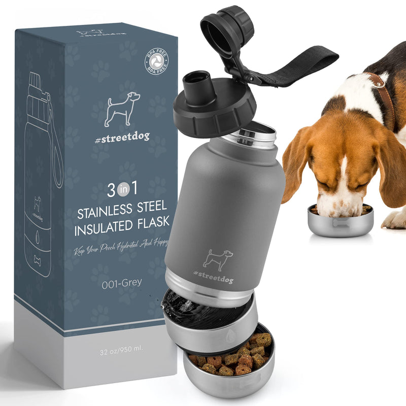 #streetdog Stainless steel dog bottle 3 in 1 with travel bowls, double-walled dog drinking bottle for on the go BPA-free - PawsPlanet Australia