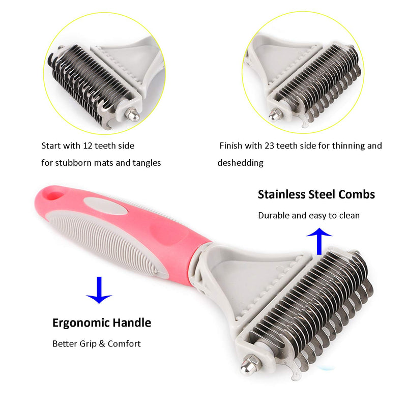 [Australia] - Pet Dematting Comb - 2 Sided Undercoat Rake for Cats & Dogs - Safe Pet Grooming Tool for Easy Mats & Tangles Removing - No More Nasty Shedding and Flying Hair red 