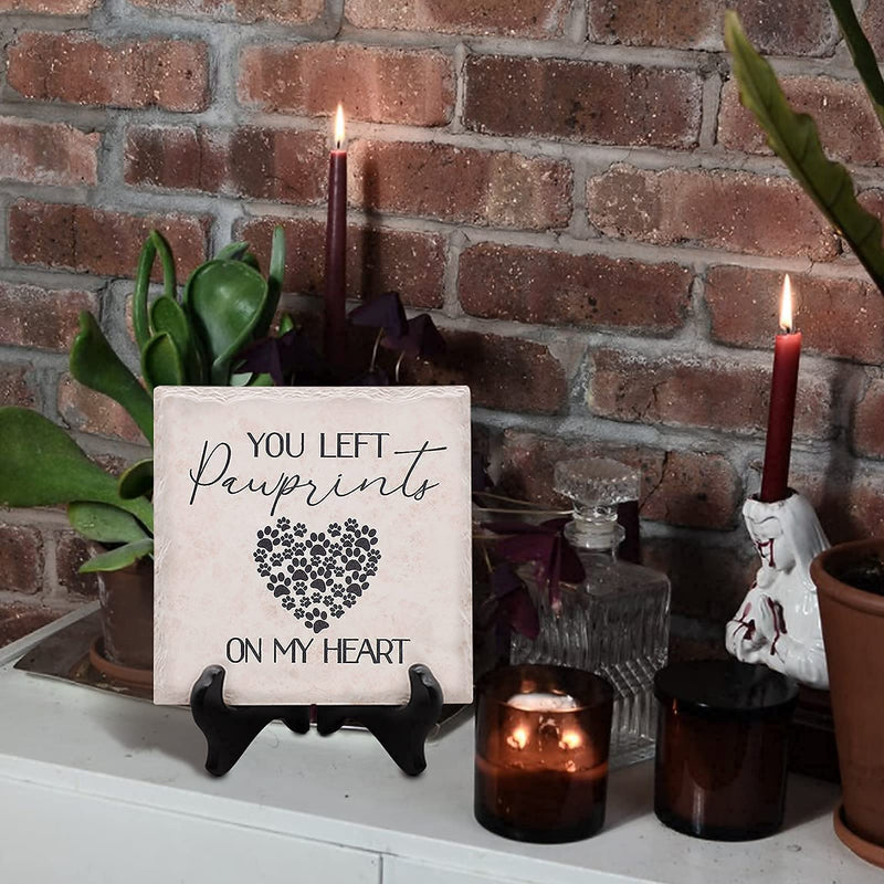 BUTITNOW Memorial Tile You Left Pawprints on My Heart 6" x 6" Memorial Tile with Black Wood Stand | Sympathy Gift Loss of Pet | Dog Bereavement Present | Cat Remembrance Decor | Grief Stone - PawsPlanet Australia